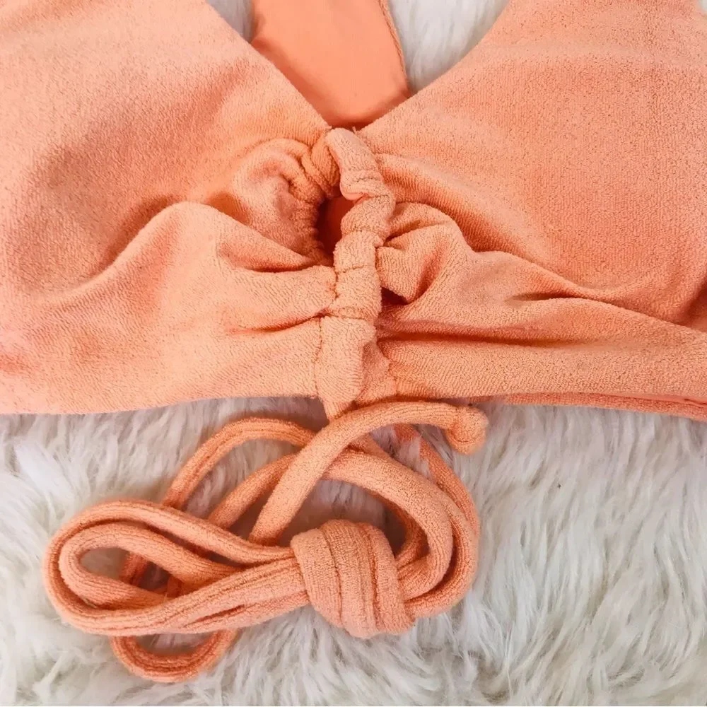 L*SPACE Dax Terry Bikini Top Cabana Bitsy Cut Cheeky Bottom Peach Size Small New